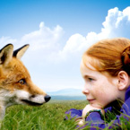 young girl and fox, staring at each other