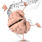Brain doing a handstand with music notes